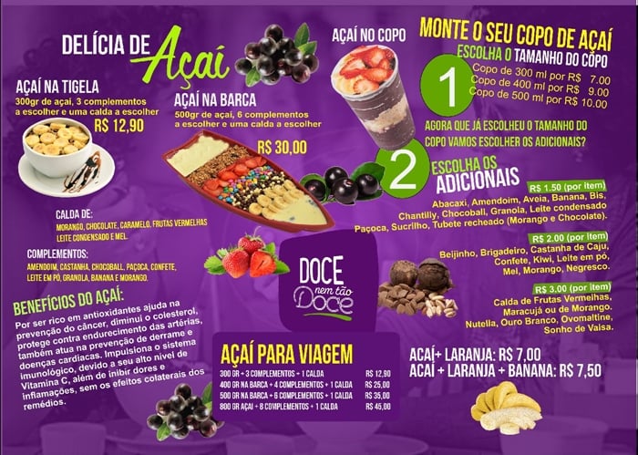 cardápio de açaí no copo e na tigela