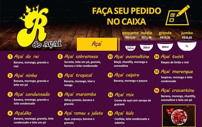 cardápio de açaí