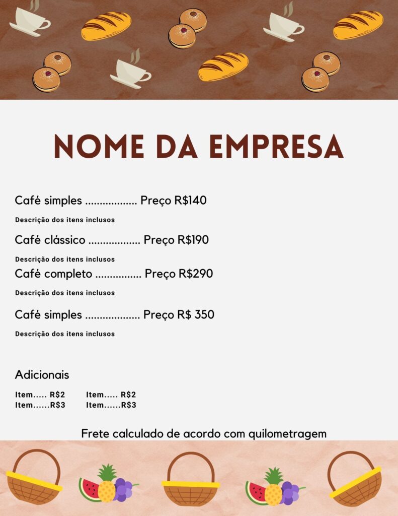 tabela de preço para cesta de café da manhã