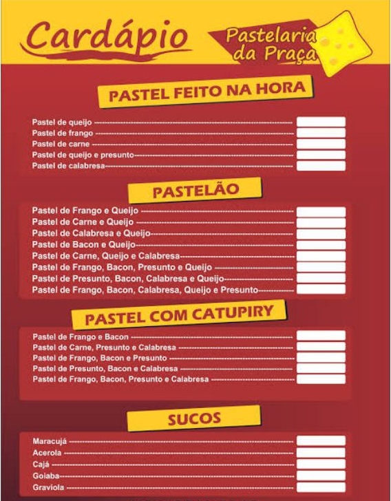 cardápio de pastelaria simples