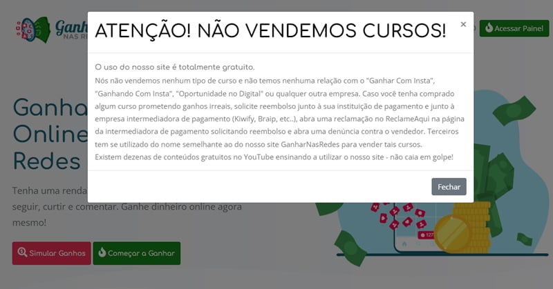 Foto mostrando uma mensagem no site "Ganhar nas Redes" informando que não é verdade a questão dos ganhos seguindo pessoas