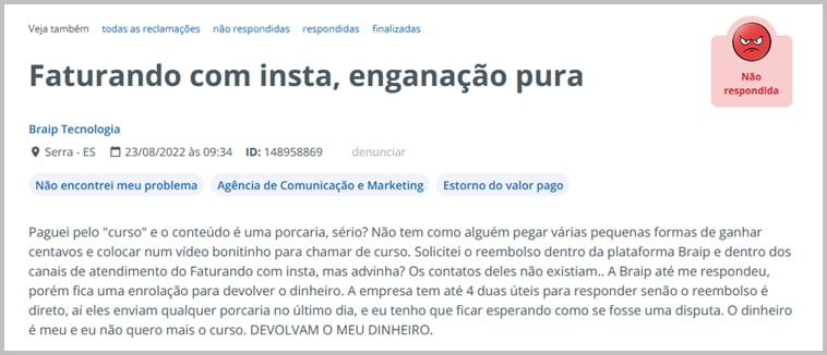 Reclamação no Reclame Aqui sobre Ganhar dinheiro no Instagram