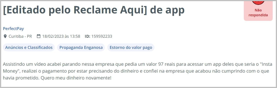 Insta money não funciona