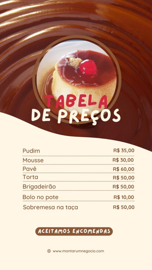 como montar uma tabela de preços de sobremesas